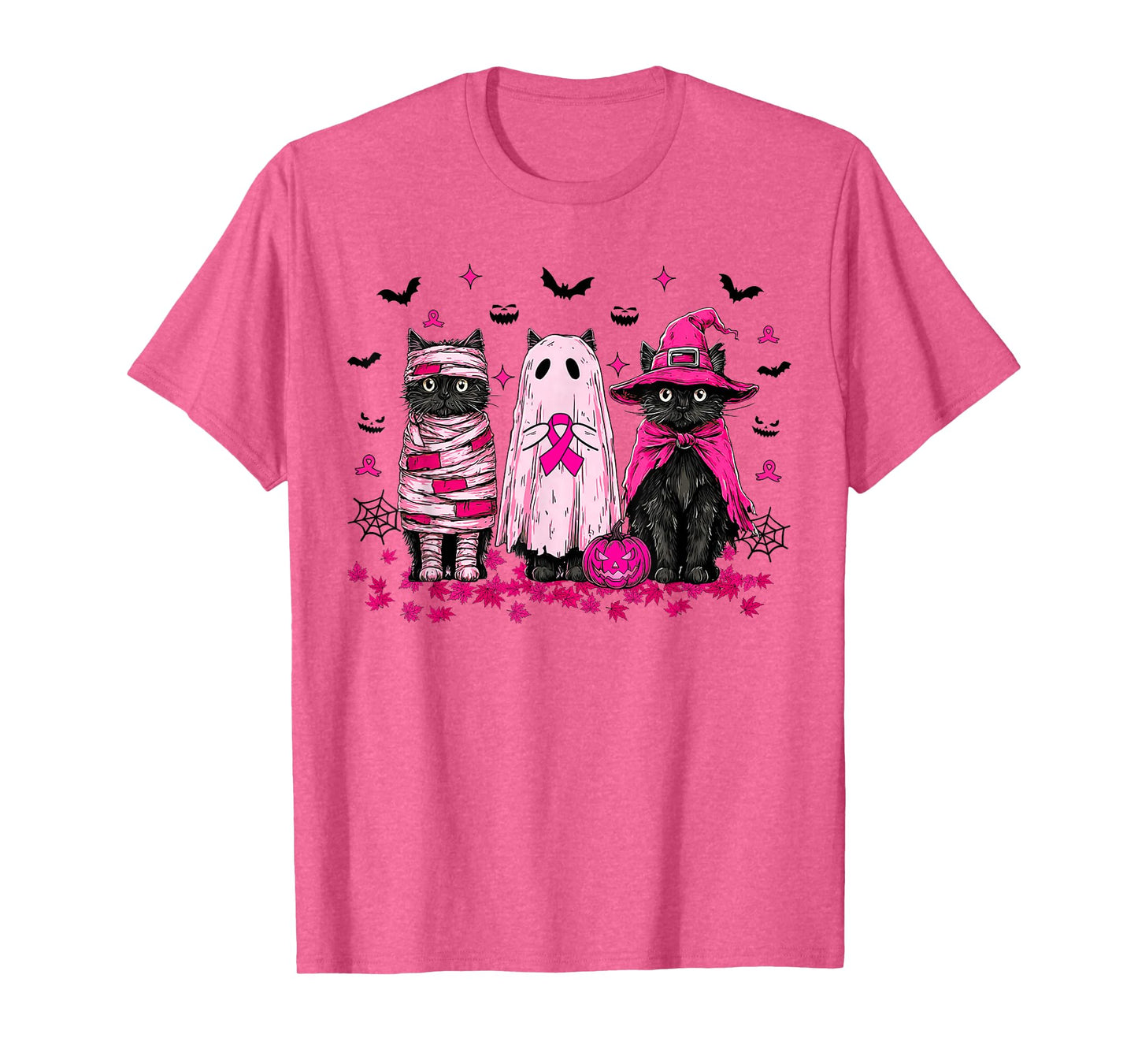 Ghost and Witch Black Cat Retro Halloween Breast Cancer T-Shirt