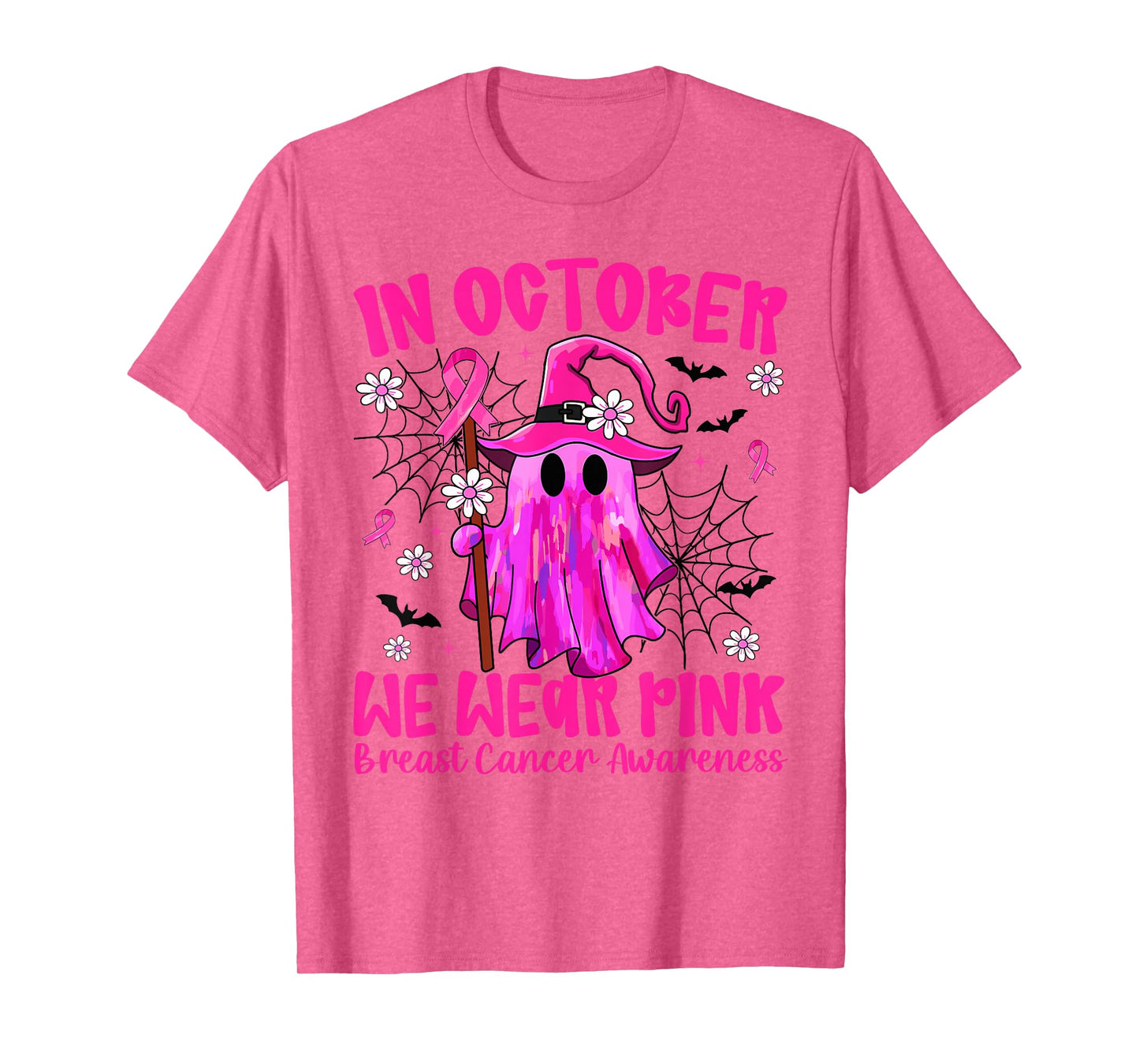 in October We Wear Pink Ghost Witch Breast Cancer Awareness T-Shirt