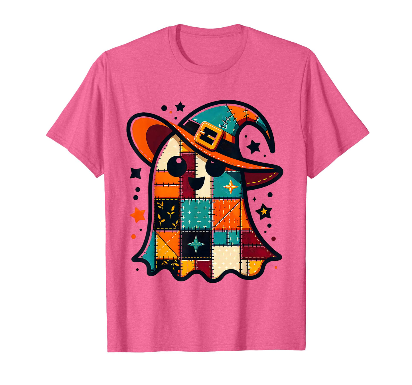 Halloween Patchwork Ghost with Witch Hat Cute Spooky Fun T-Shirt