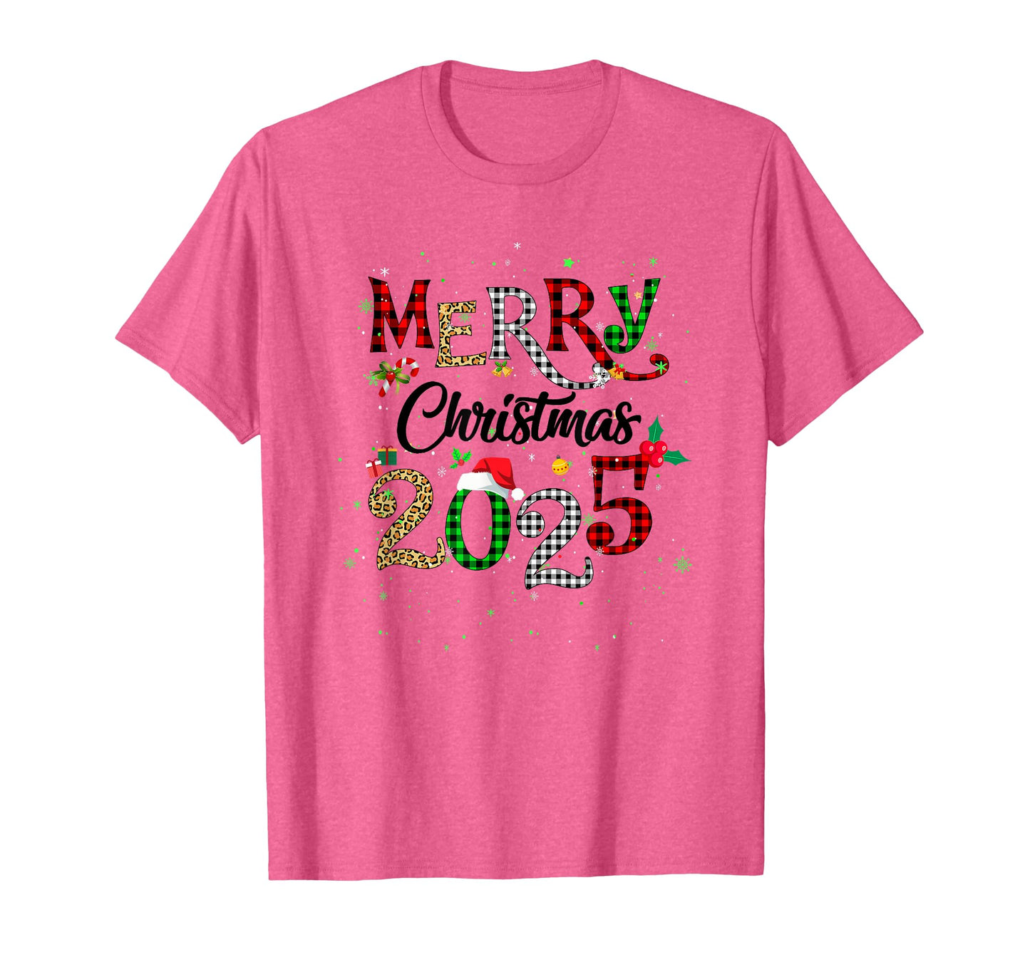 Merry Christmas 2025 Leopard Buffalo Plaid Red Green Xmas T-Shirt