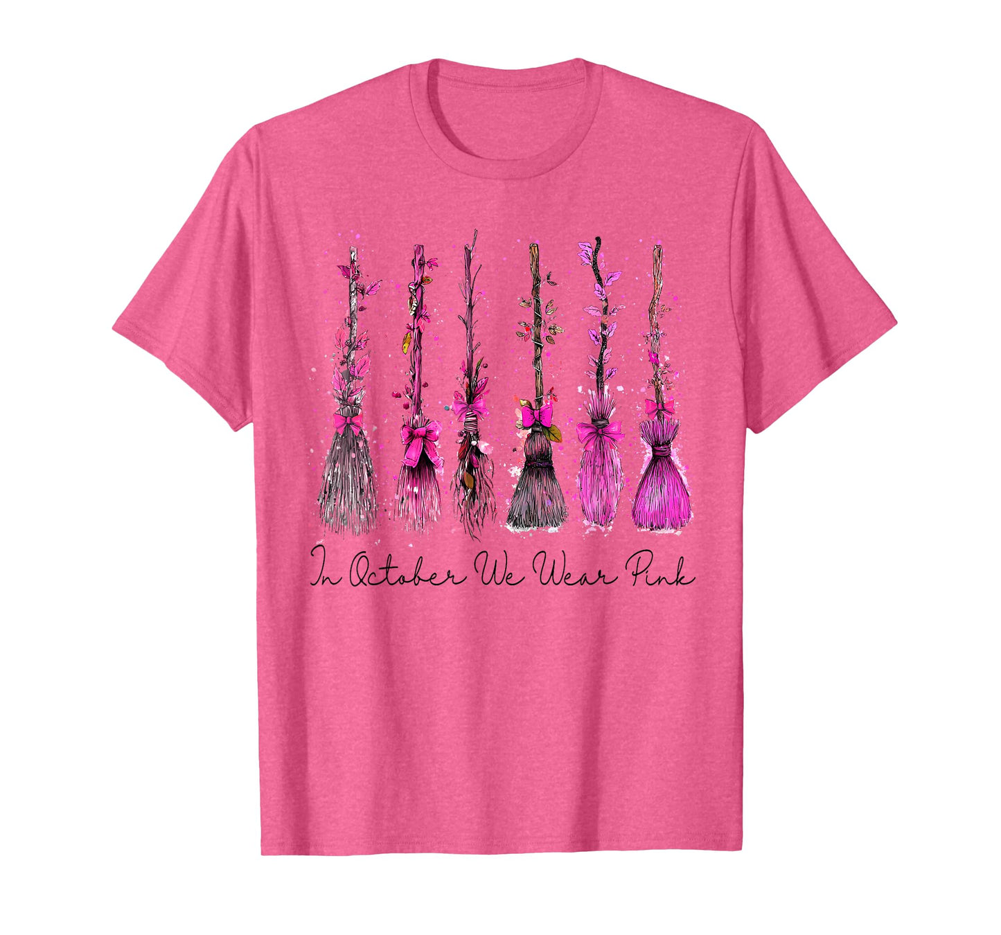 in October We Wear Pink Witch Broom Halloween Breast Cancer T-Shirt