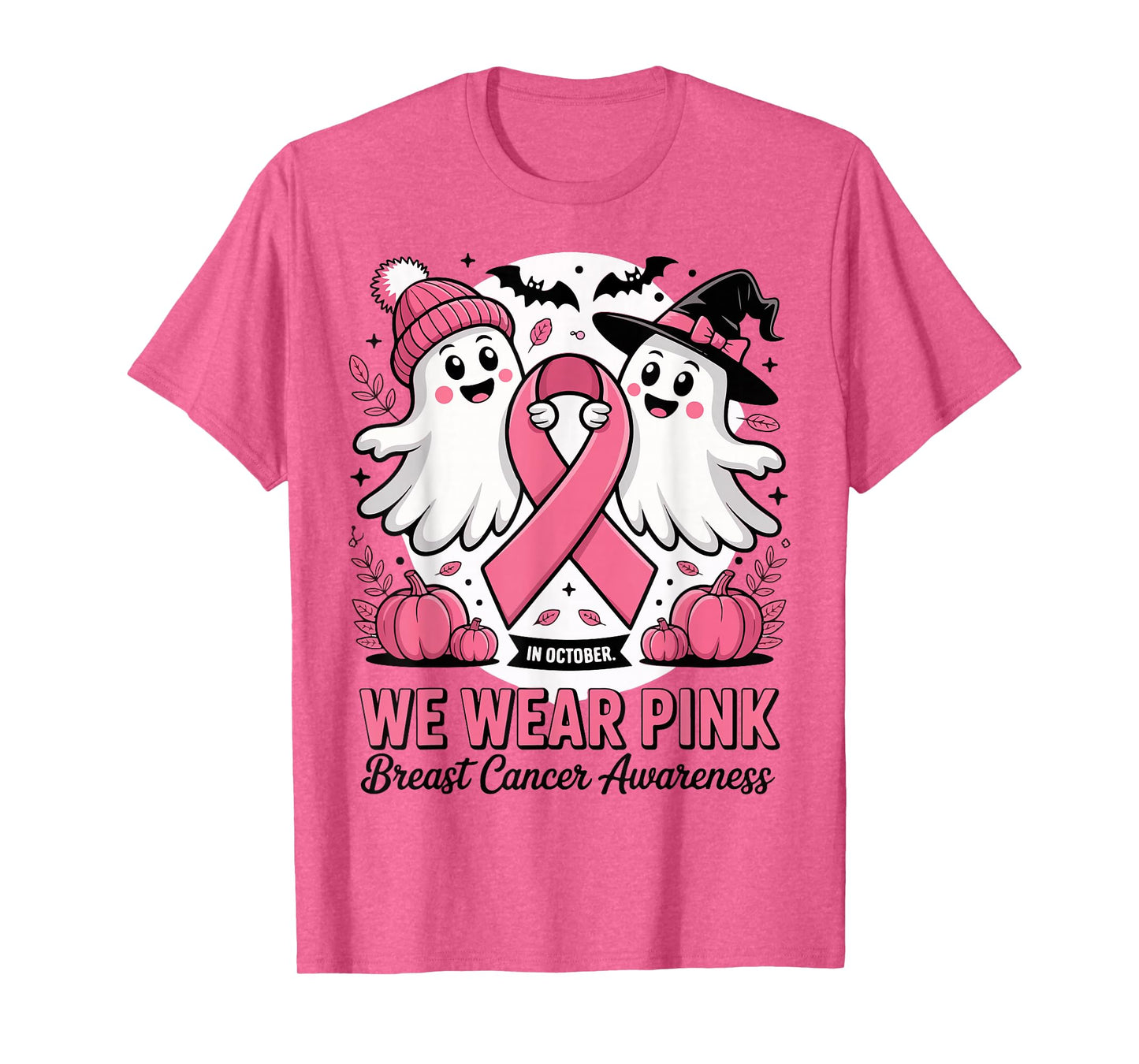 in October We Wear Pink Ghost Witch Breast Cancer Awareness T-Shirt