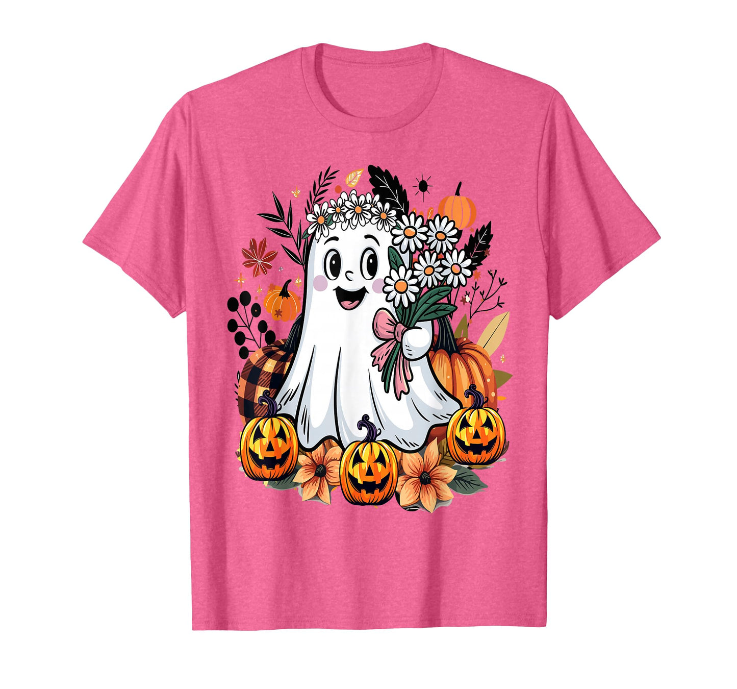 Funny Floral Ghost with Vintage Pumpkin Fall Halloween T-Shirt