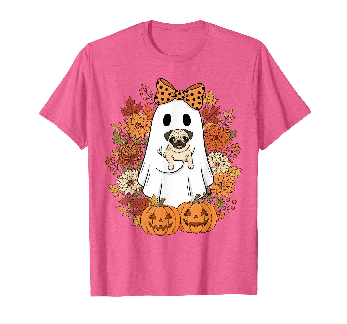 Vintage Halloween Ghost Holding Pug Groovy Floral T-Shirt