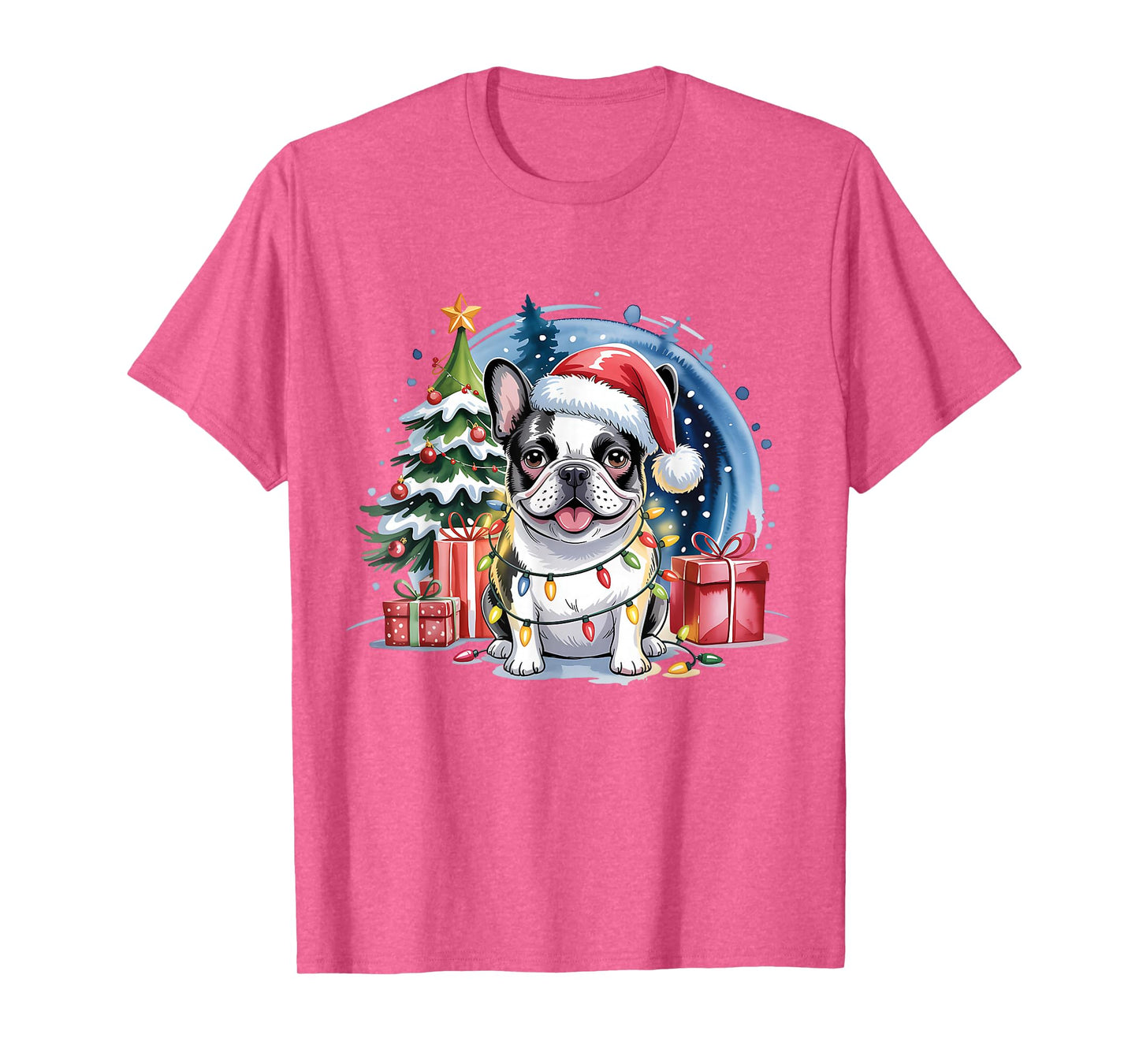 Festive French Bulldog Christmas Santa Hat and Lights T-Shirt