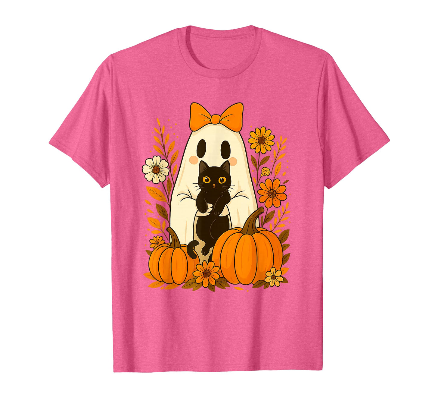 Vintage Cute Halloween Ghost Holding Cat Groovy Floral T-Shirt