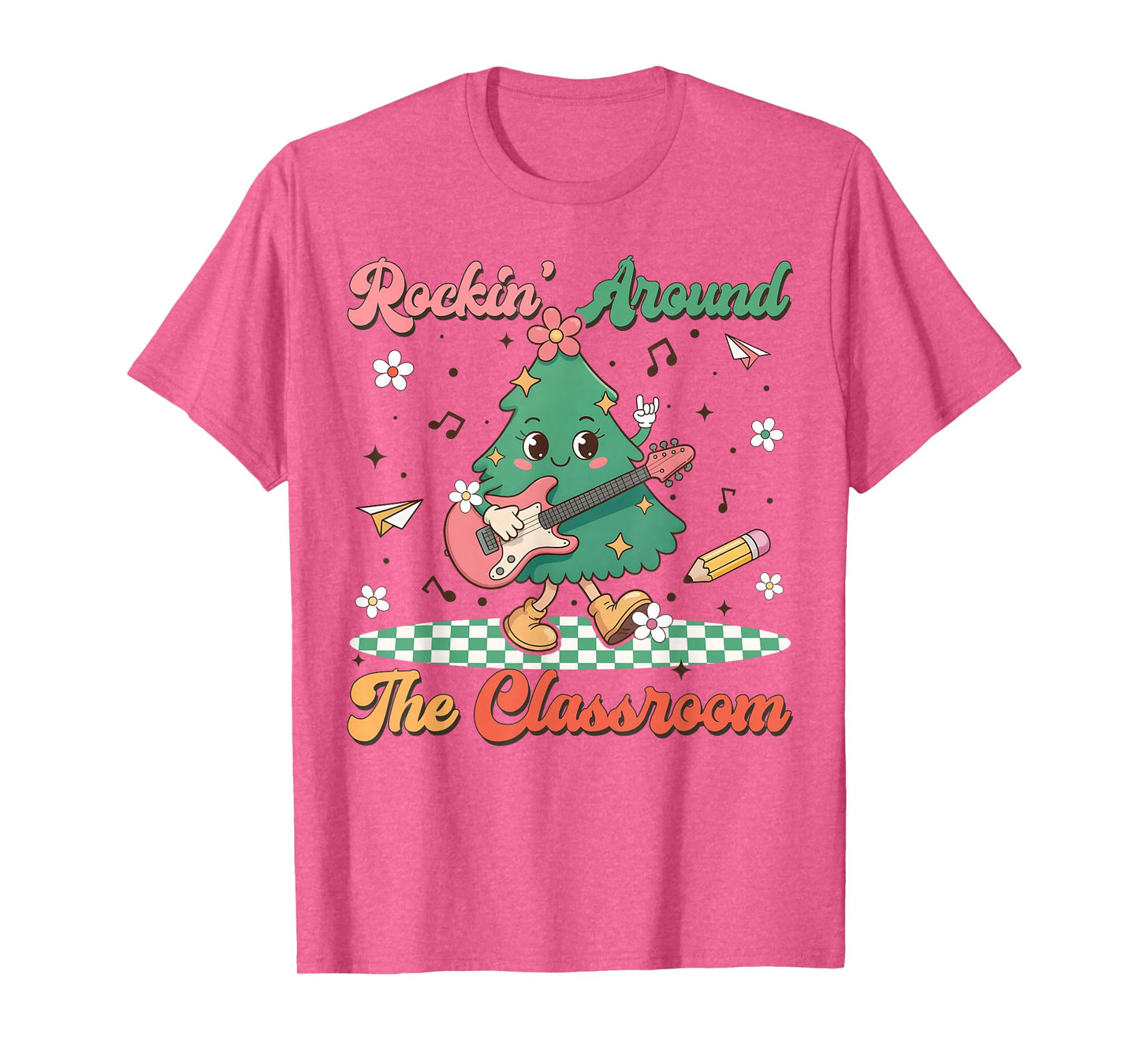 Retro Groovy Teacher Christmas Rockin' Around The Classroom T-Shirt