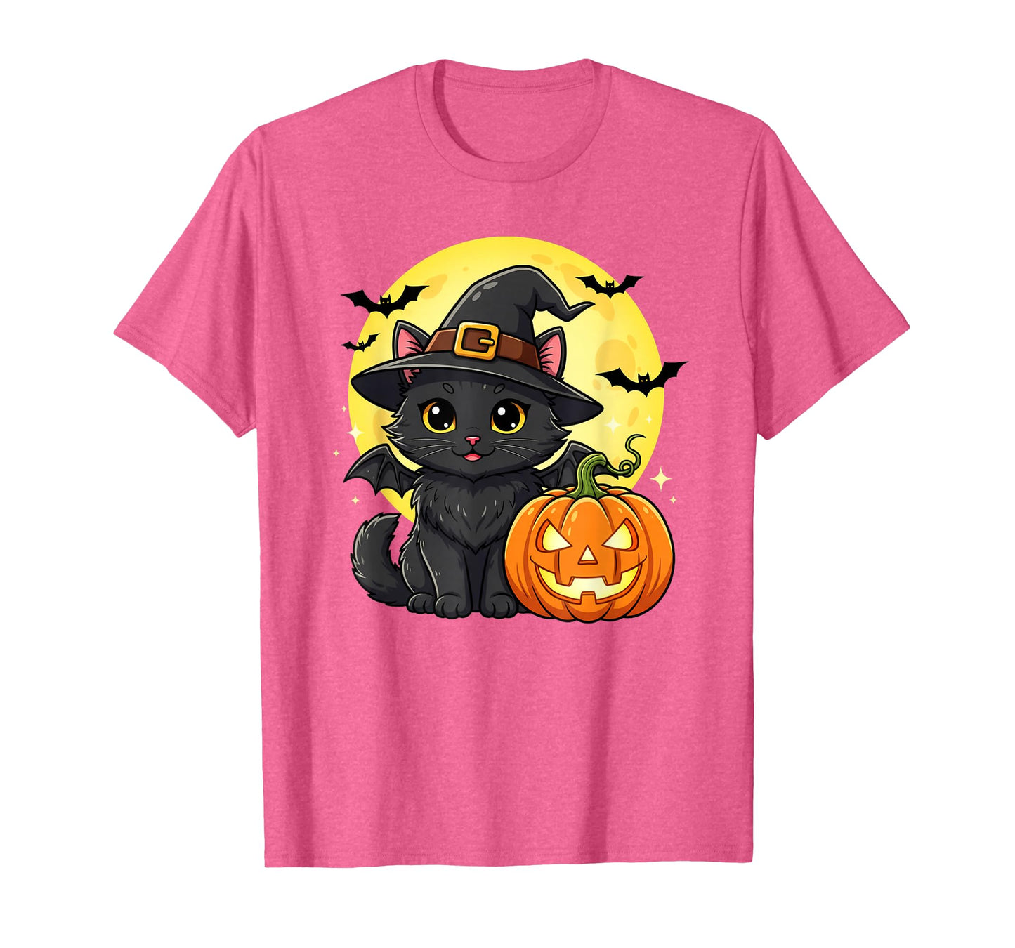 Cute cat Wearing Witch Hat with Moon and Bats Halloween Bat T-Shirt