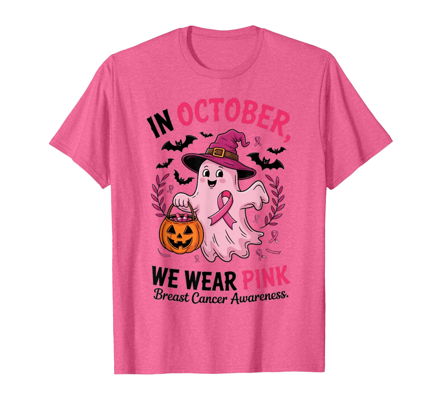 in October We Wear Pink Ghost Witch Breast Cancer Awareness T-Shirt