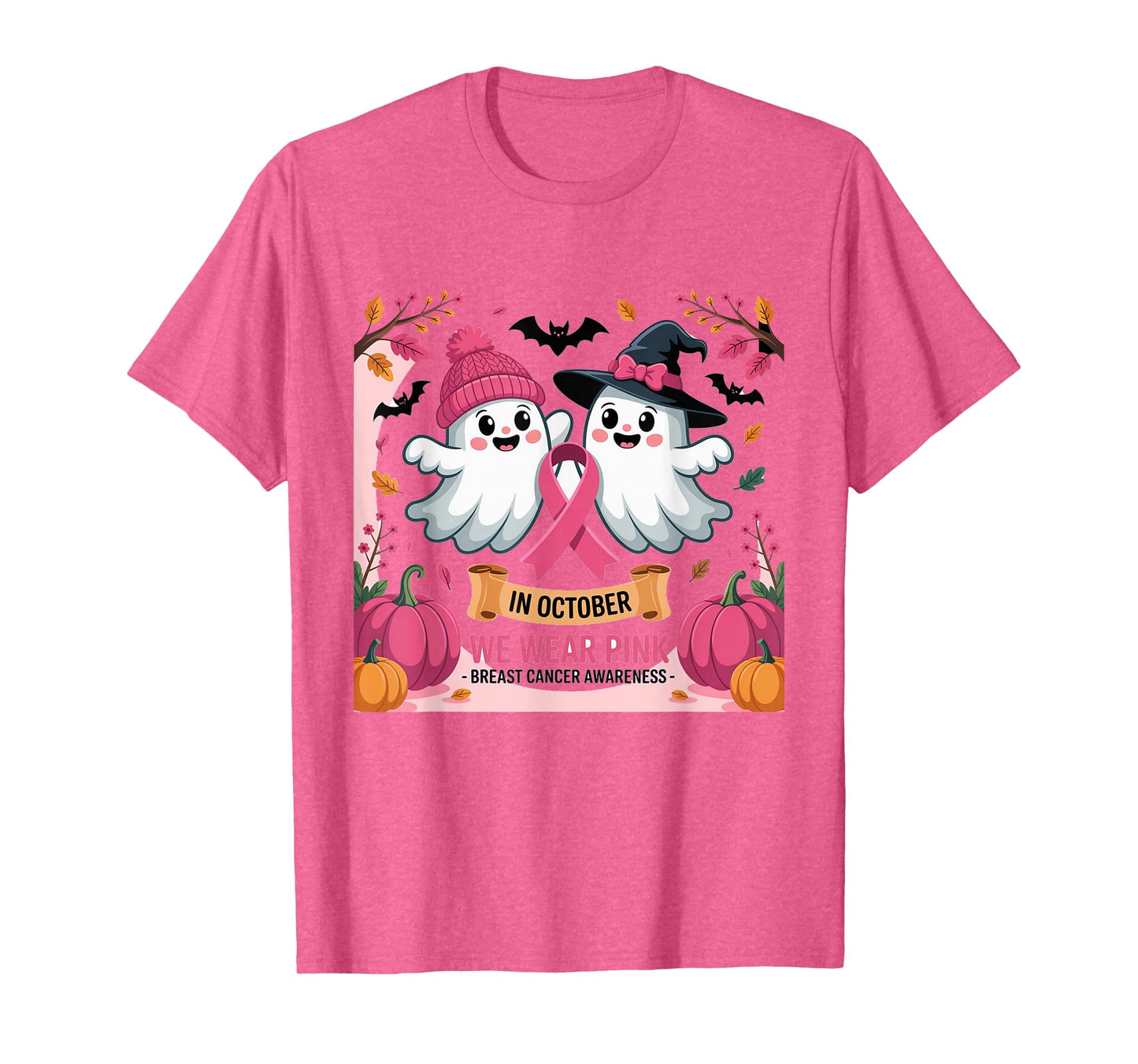 in October We Wear Pink Ghost Witch Breast Cancer Awareness T-Shirt