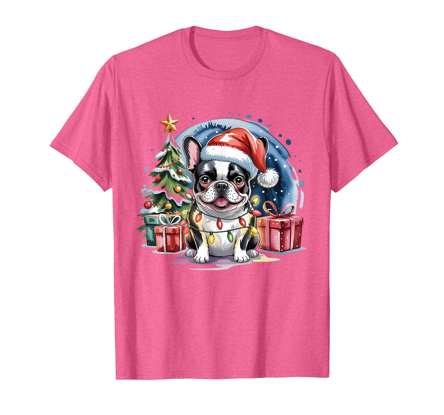 Cute Festive French Bulldog Christmas Santa Hat and Lights T-Shirt