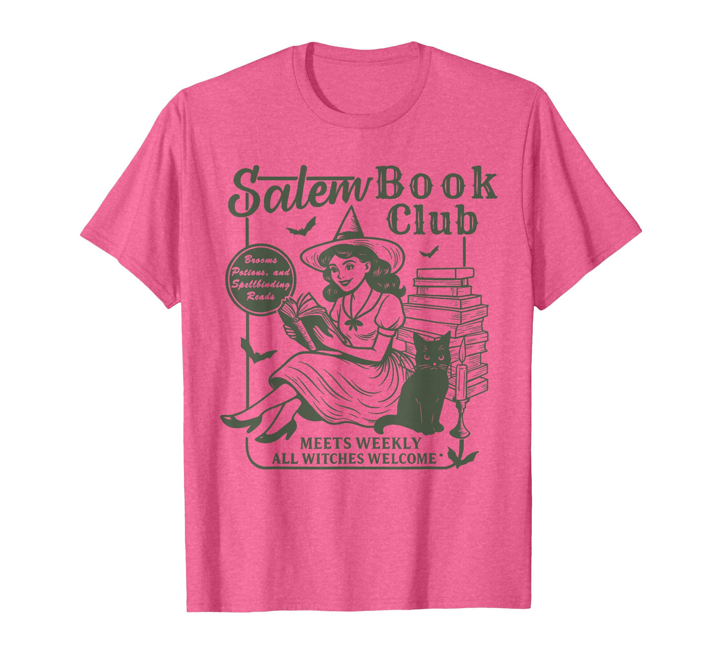 Vintage Salem Book Club Witch Reading Black Cat Halloween T-Shirt