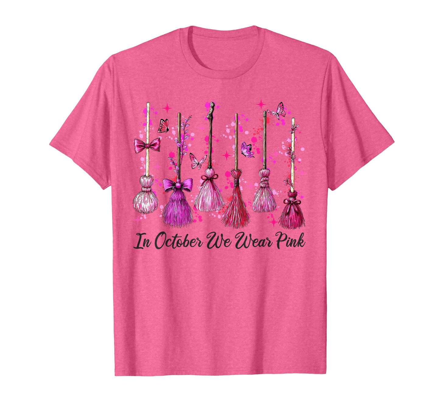 in October We Wear Pink Witch Broom Halloween Breast Cancer T-Shirt