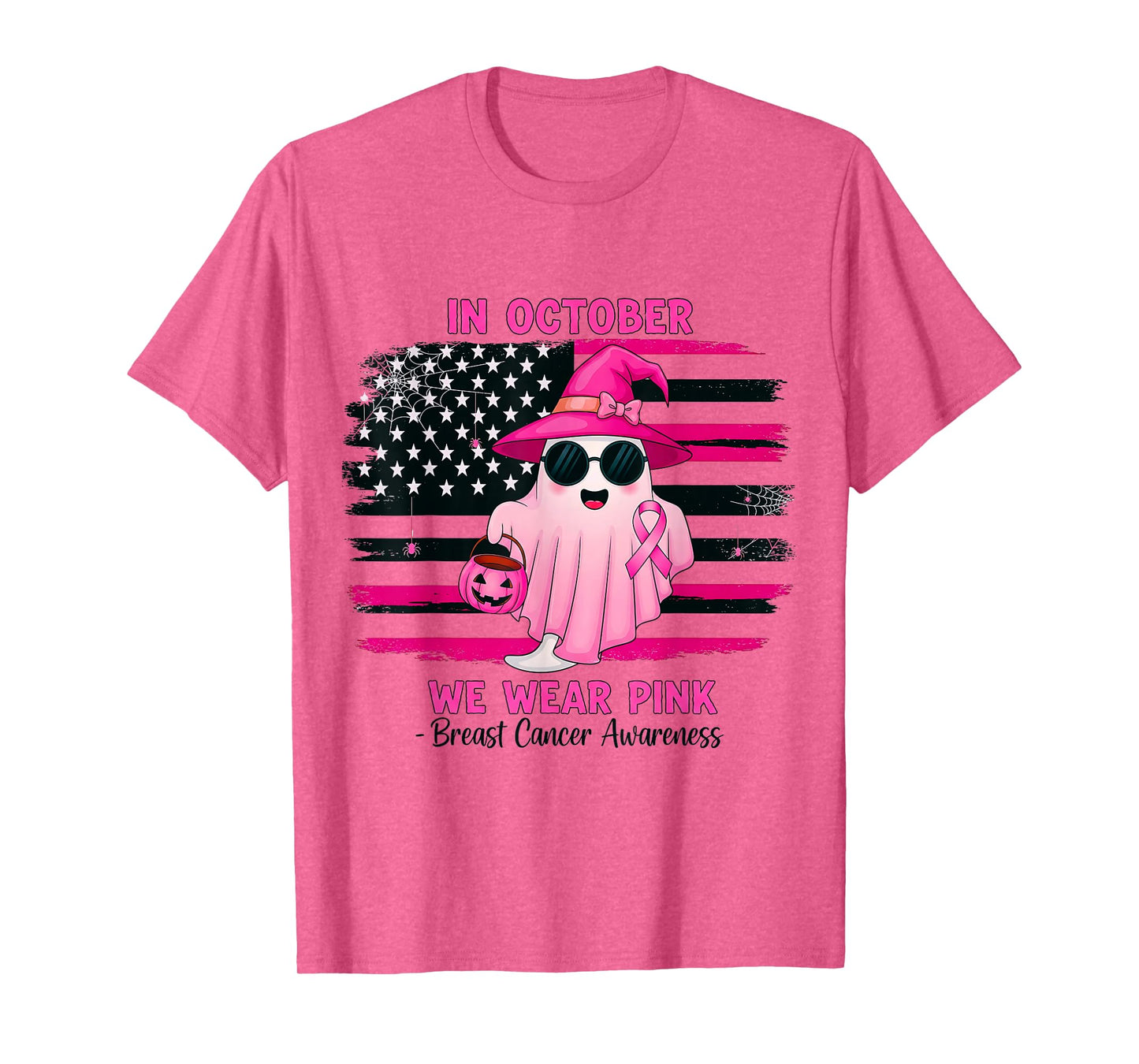 in October We Wear Pink Ghost Witch Breast Cancer Awareness T-Shirt