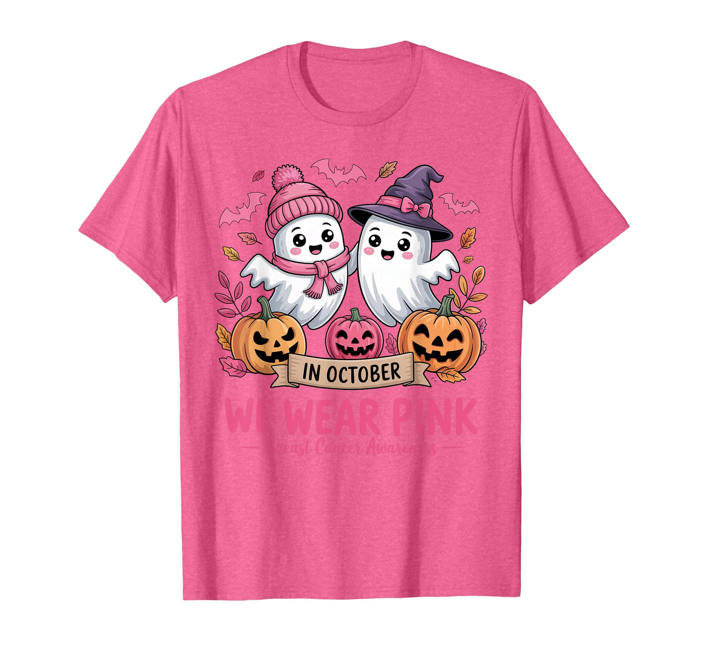 in October We Wear Pink Ghost Witch Breast Cancer Awareness T-Shirt