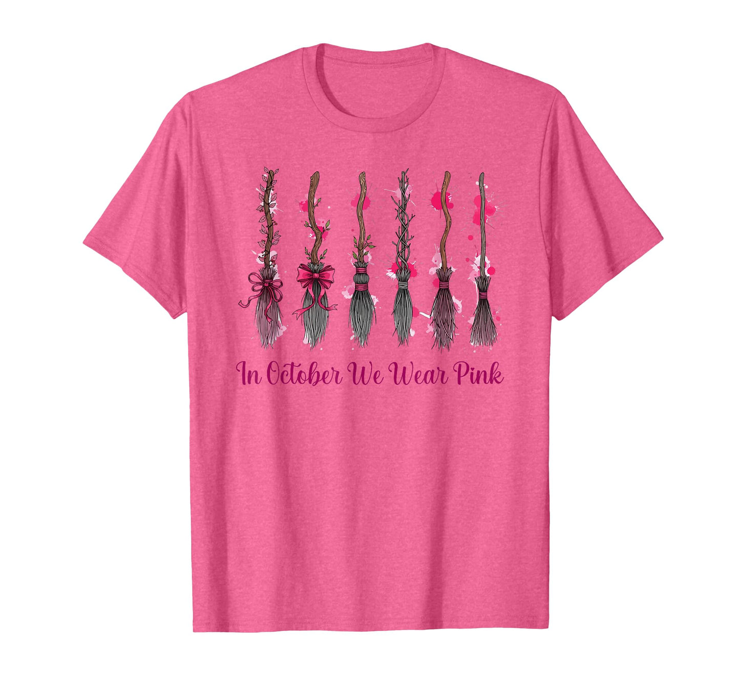 in October We Wear Pink Witches Brooms Spooky Breast Cancer T-Shirt