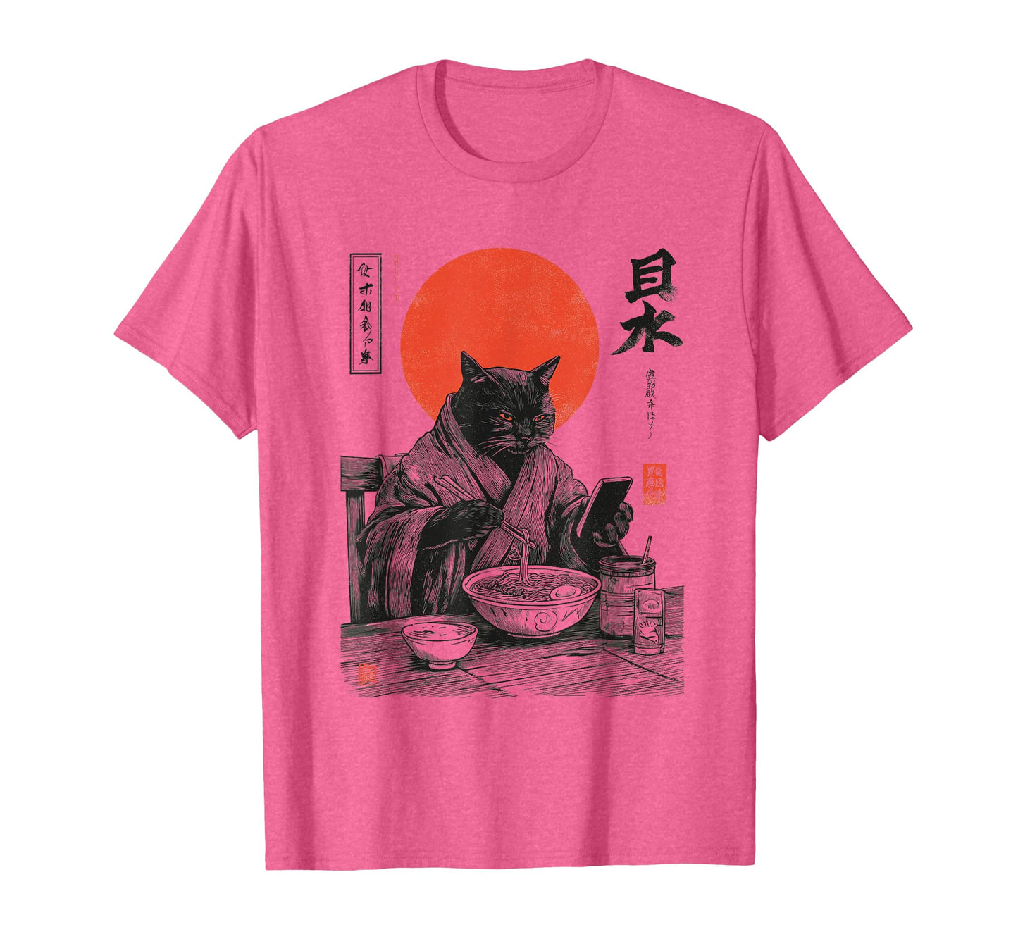 Samurai Cat Eat Ramen Scroll Phone Japanese Food Humor Art T-Shirt