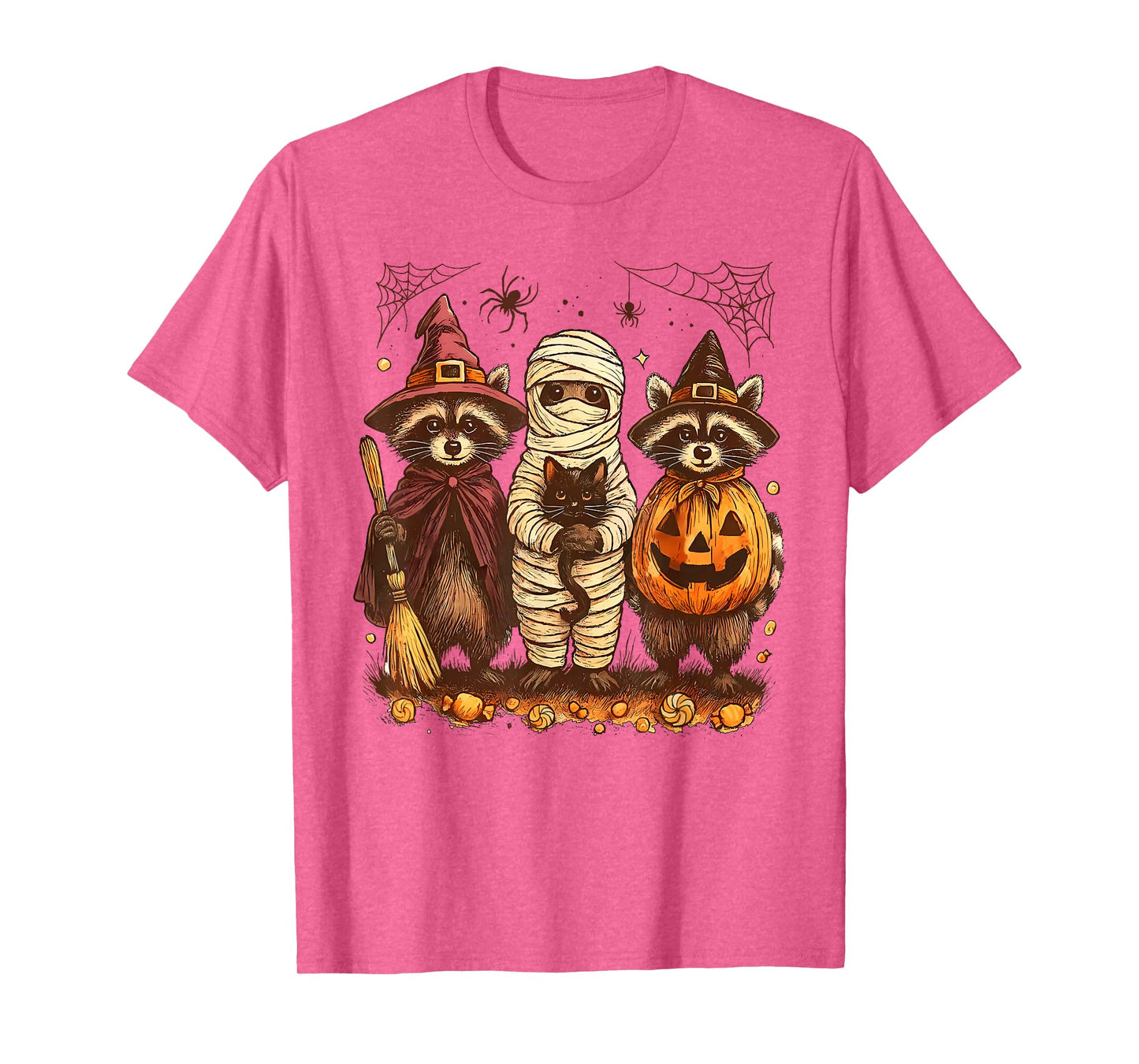 Retro Racoon Witch Scary Halloween Pumpkin Women Men Kids T-Shirt