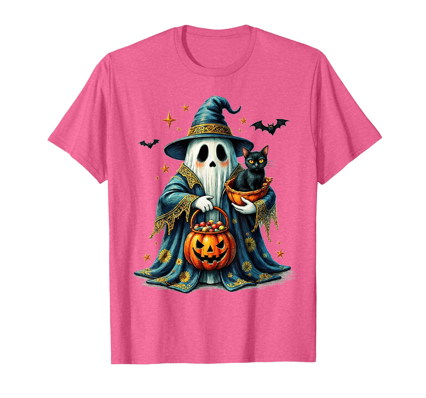 Ghost Holding Black Cat Lover Halloween 2025 Groovy Floral T-Shirt