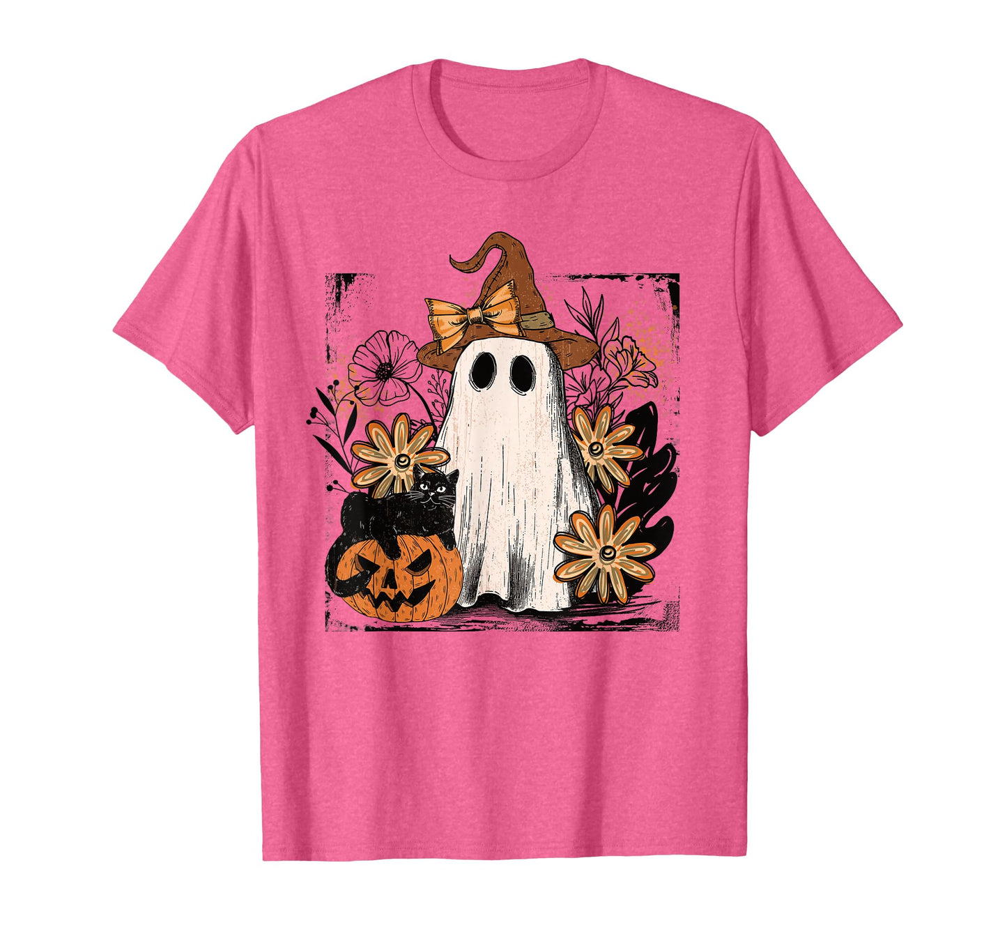 Cute Ghost Witch Cat Pumpkin Halloween Fall Floral Aesthetic T-Shirt