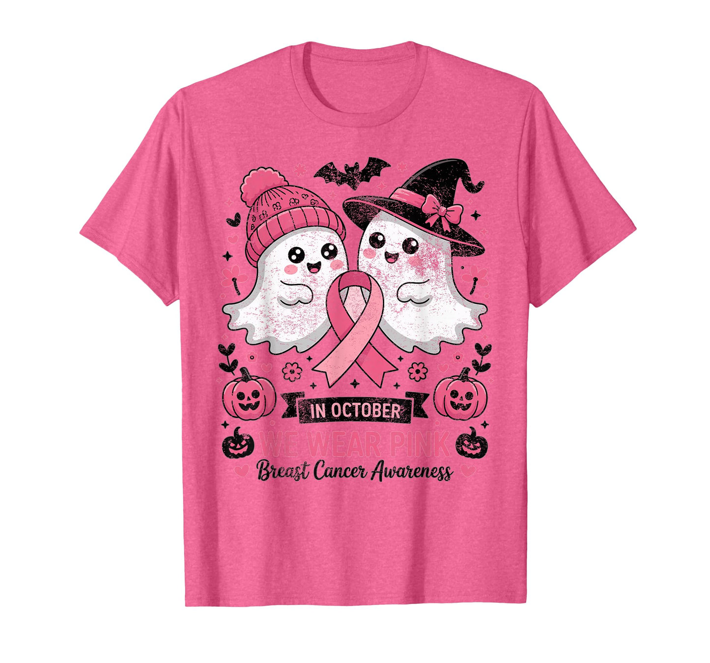 in October We Wear Pink Ghost Witch Breast Cancer Awareness T-Shirt