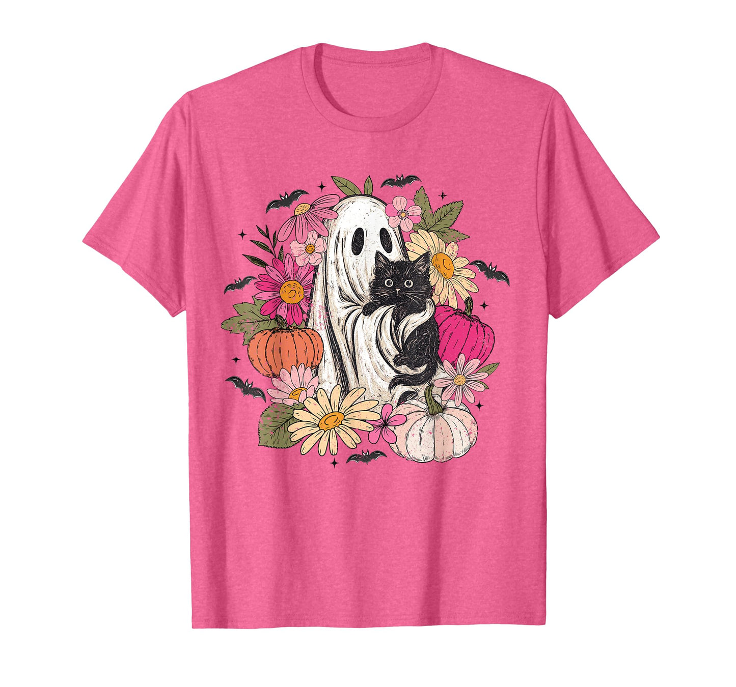Vintage Halloween Ghost Holding Black Cat Groovy Floral T-Shirt