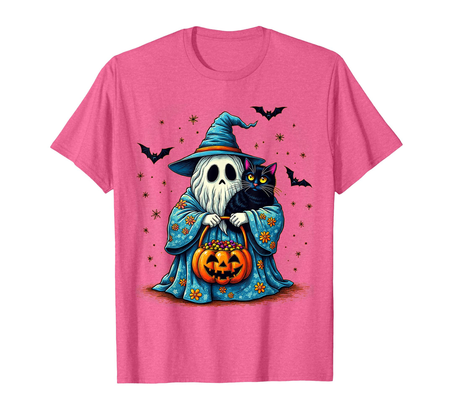 Halloween 2025 Ghost Holding Black Cat Groovy Floral Vintage T-Shirt