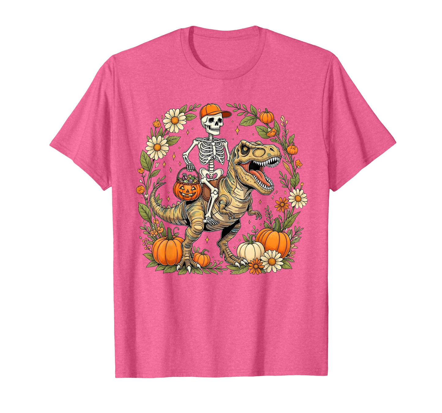 Halloween Skeleton Dinosaur Pumpkin Floral Fall Design Women T-Shirt