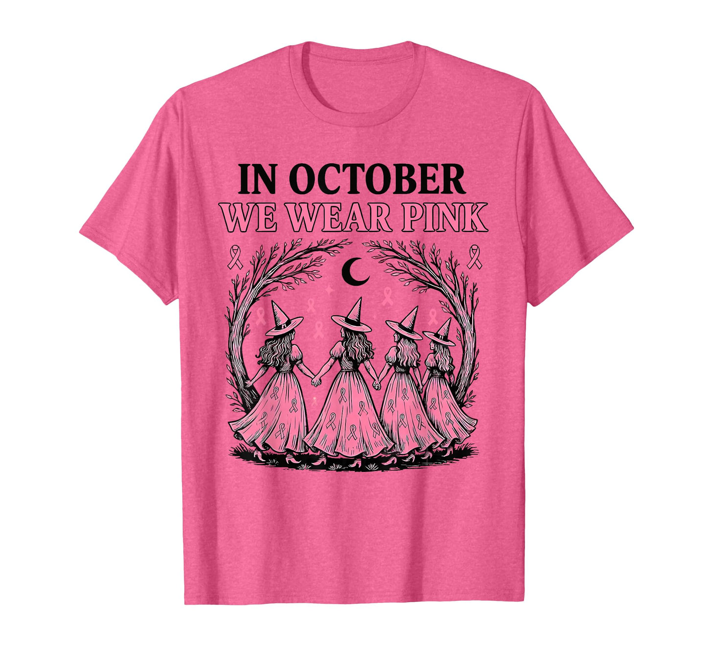 in October We Wear Pink Witch Halloween Breast Cancer T-Shirt