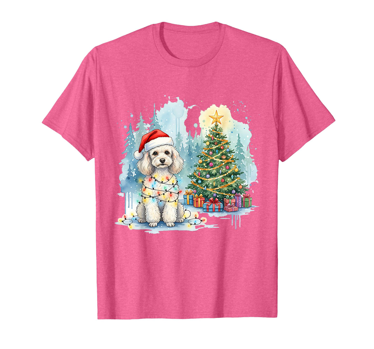 Festive Fluffy Poodle Christmas Santa Hat and Lights Winter T-Shirt