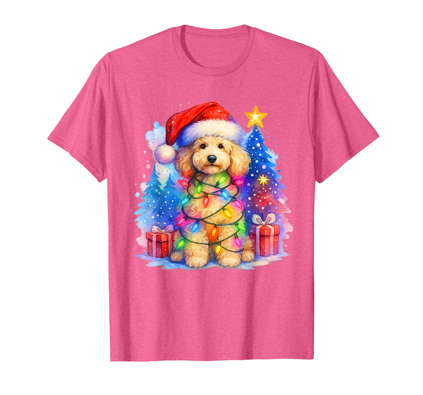Festive Fluffy Poodle Christmas Santa Hat and Lights Winter T-Shirt