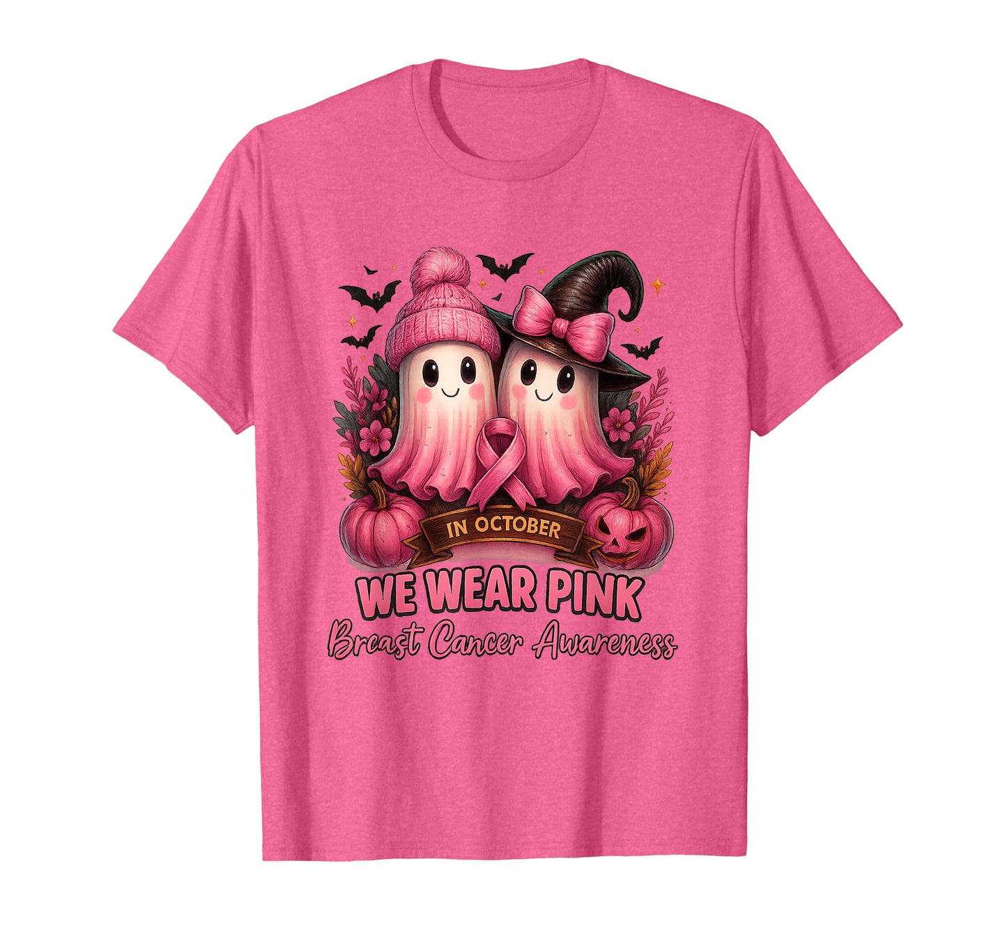 in October We Wear Pink Witch Ghost Breast Cancer Awareness T-Shirt