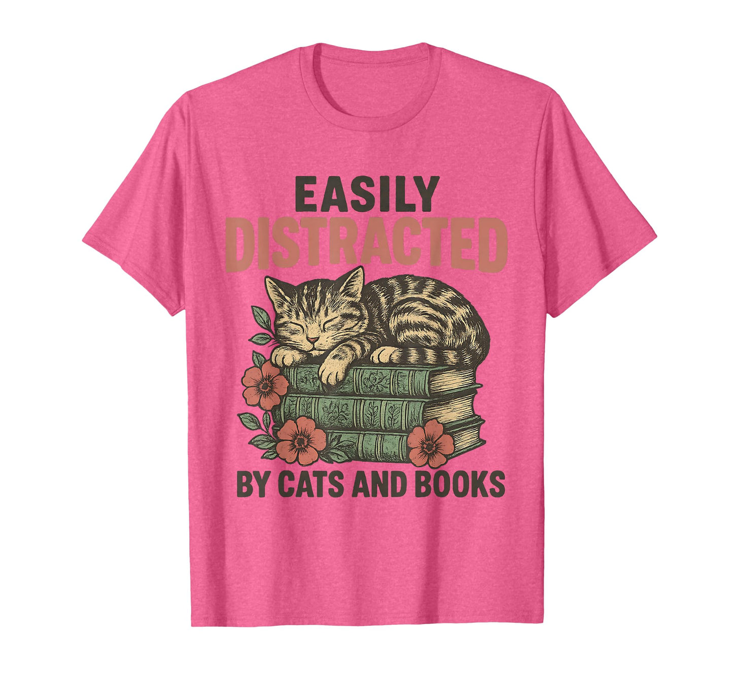 Easily Distracted By Cats and Books Funny Vintage T-Shirt
