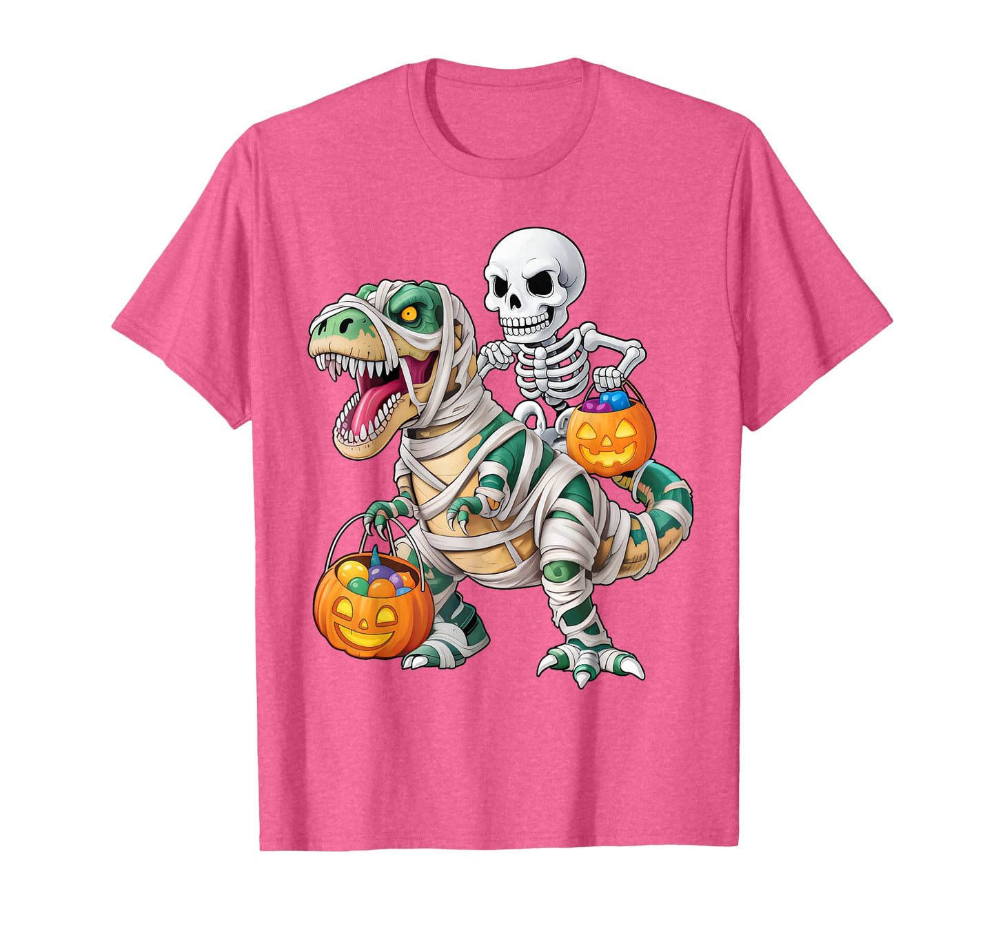 Skeleton Riding Mummy Dino Pumpkin Candy Halloween Costume T-Shirt
