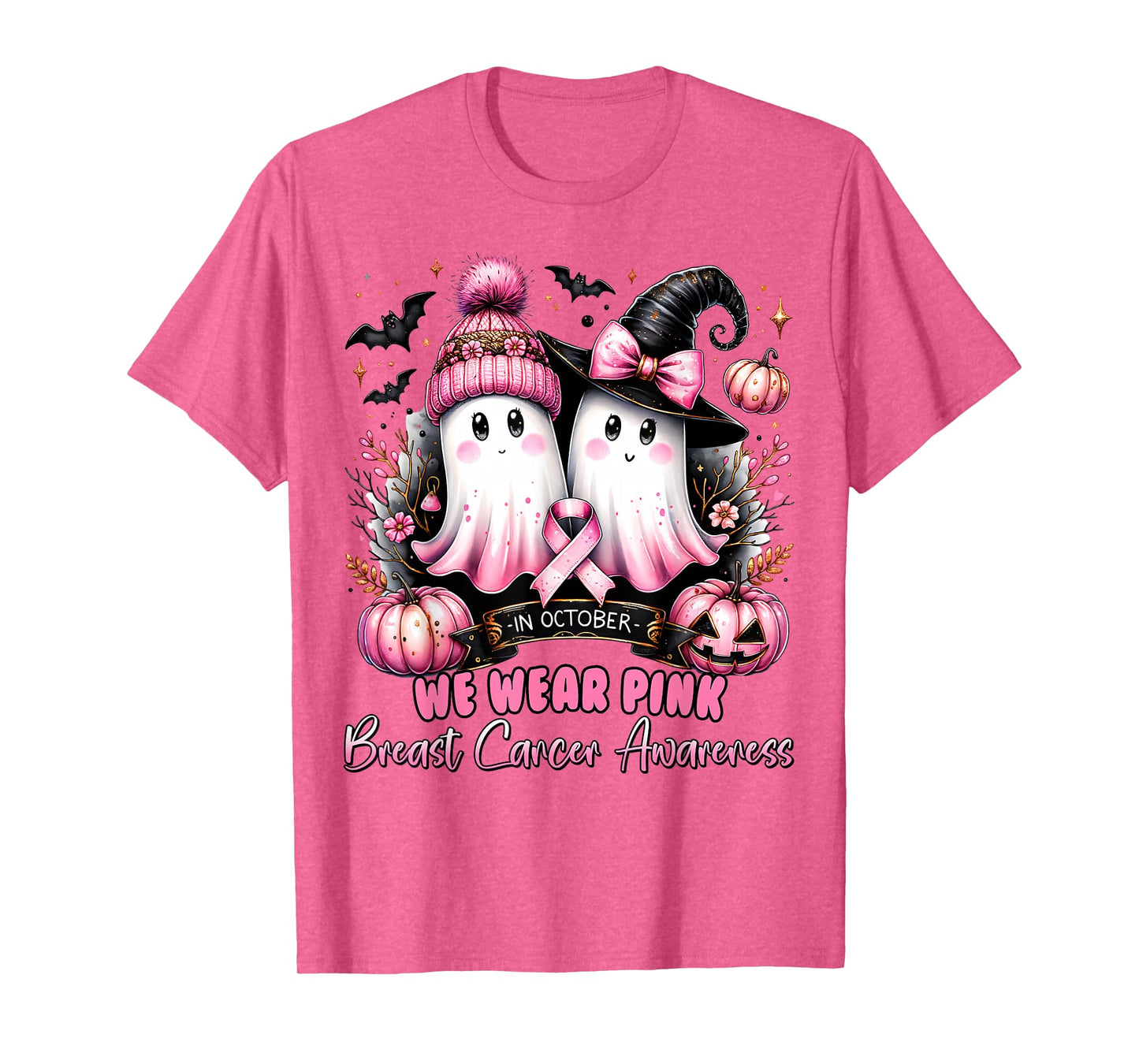 In October We Wear Pink Ghost Witch Breast Cancer Awareness T-Shirt