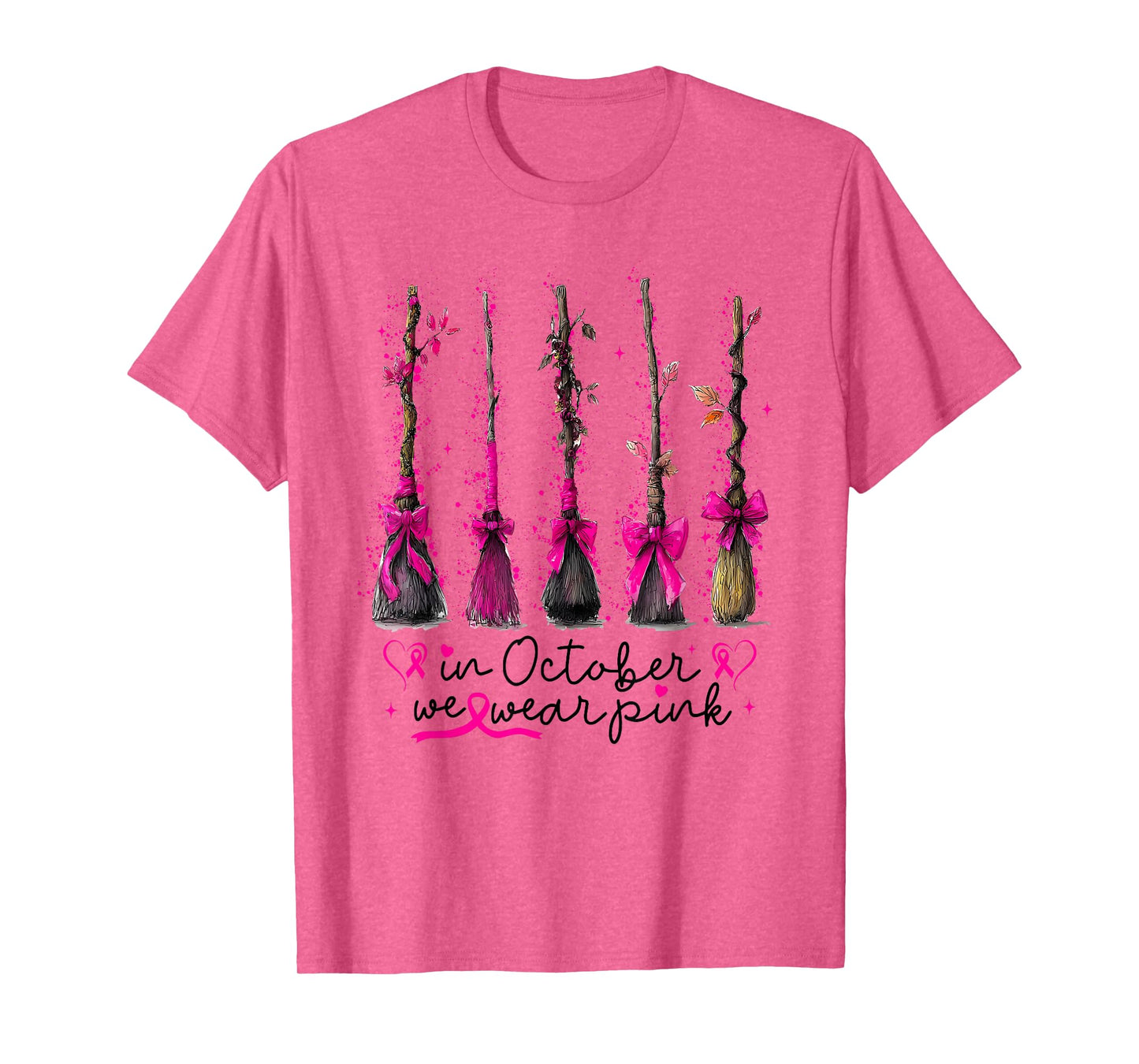 in October We Wear Pink Witches Brooms Spooky Breast Cancer T-Shirt