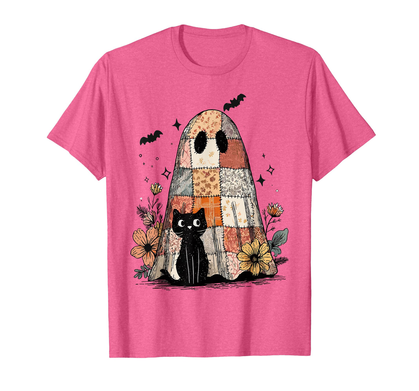 Retro Patchwork Ghost and Cat Floral Hallowee Spooky Season T-Shirt
