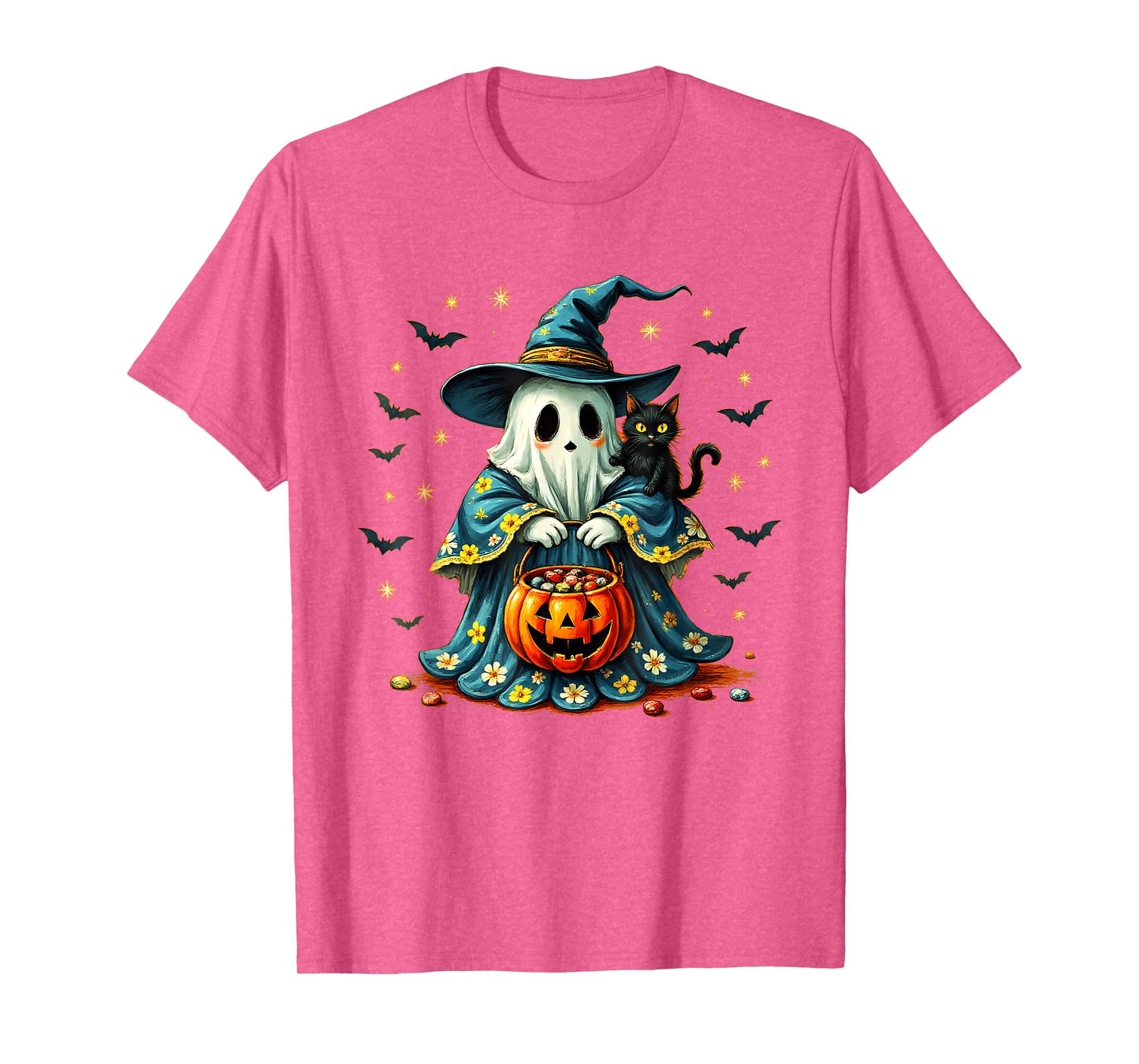 Vintage Halloween Ghost Holding Black Cat Groovy Floral T-Shirt