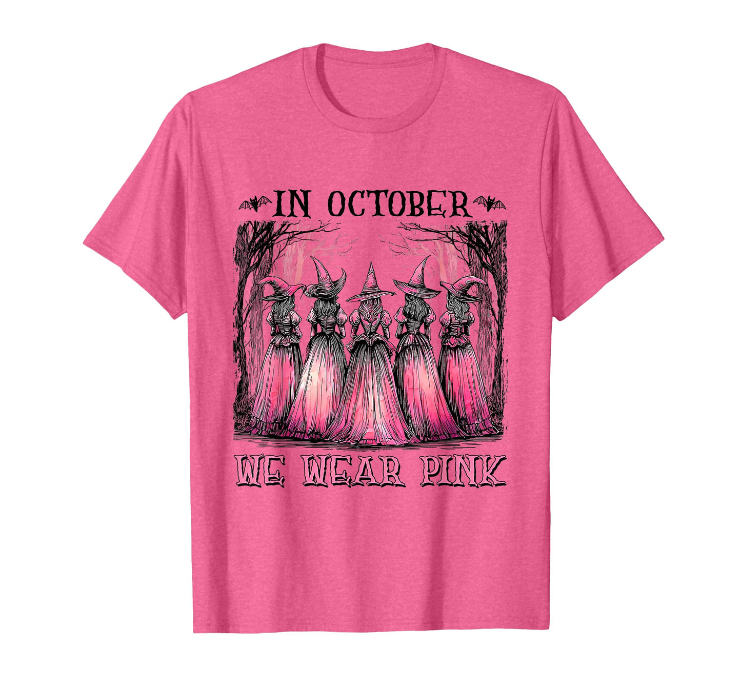 in October We Wear Pink Ribbon Witch Halloween Breast Cancer T-Shirt