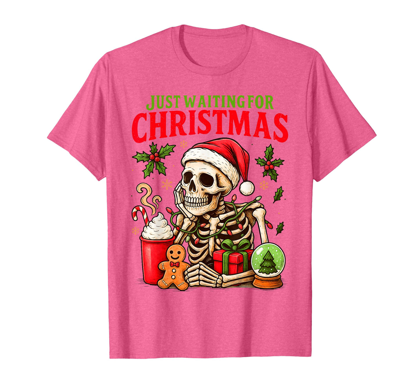 Just Waiting for Christmas Holiday Santa Claus Skeleton T-Shirt