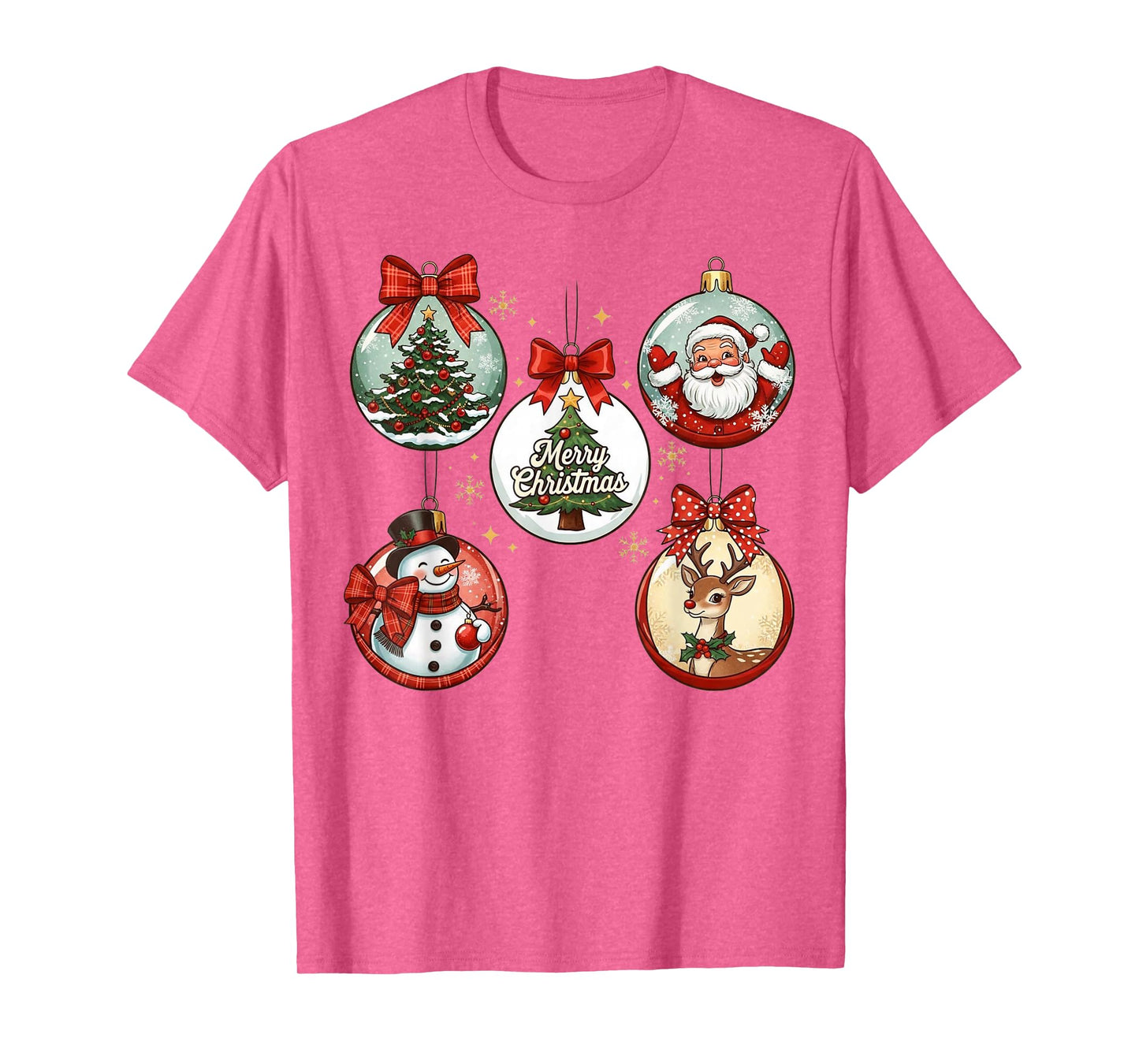 Santa Reindeer Snowman and Tree Merry Christmas Ornament T-Shirt