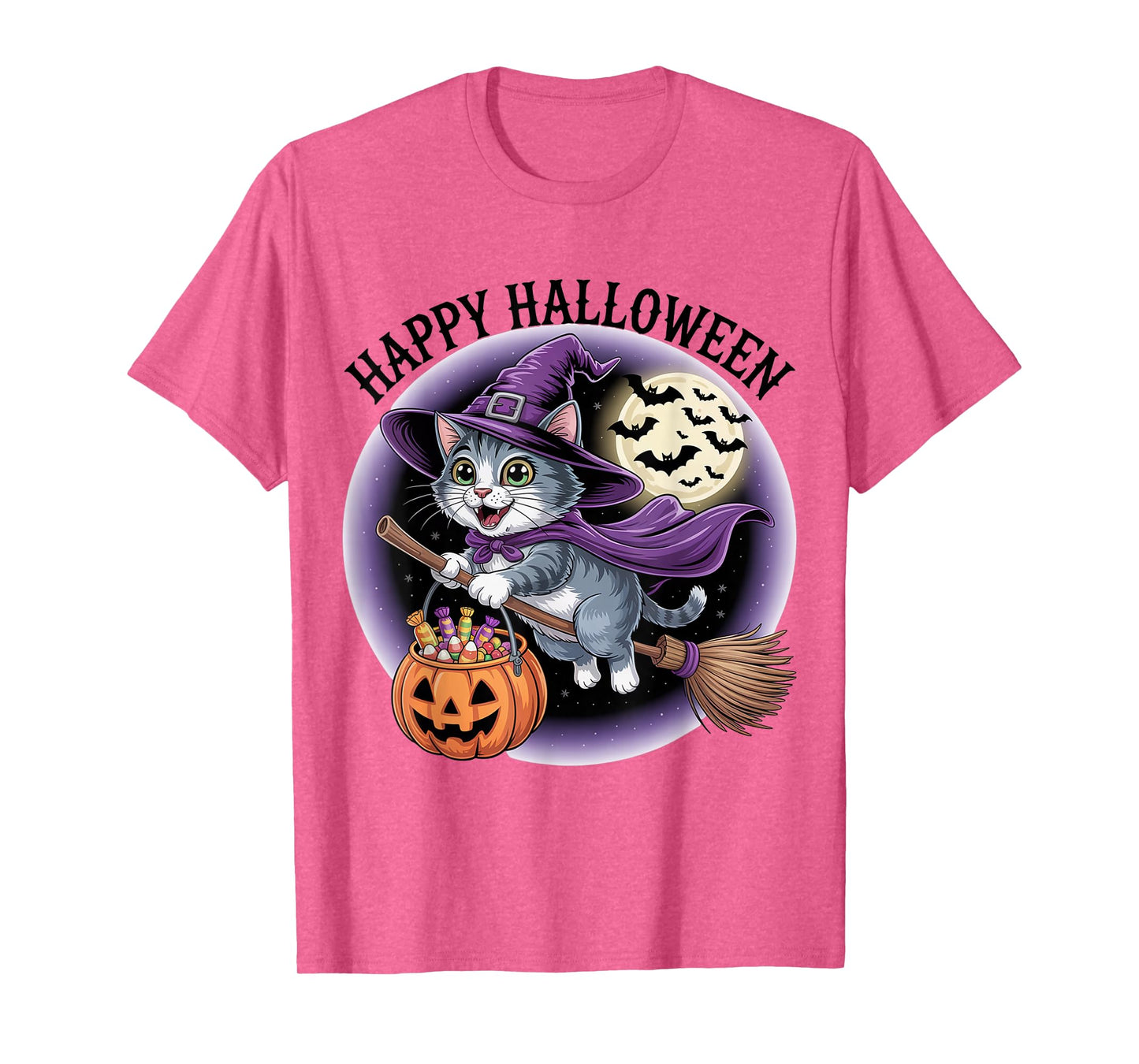 Halloween Witch Cat Flying on Broom with Pumpkin T-Shirt