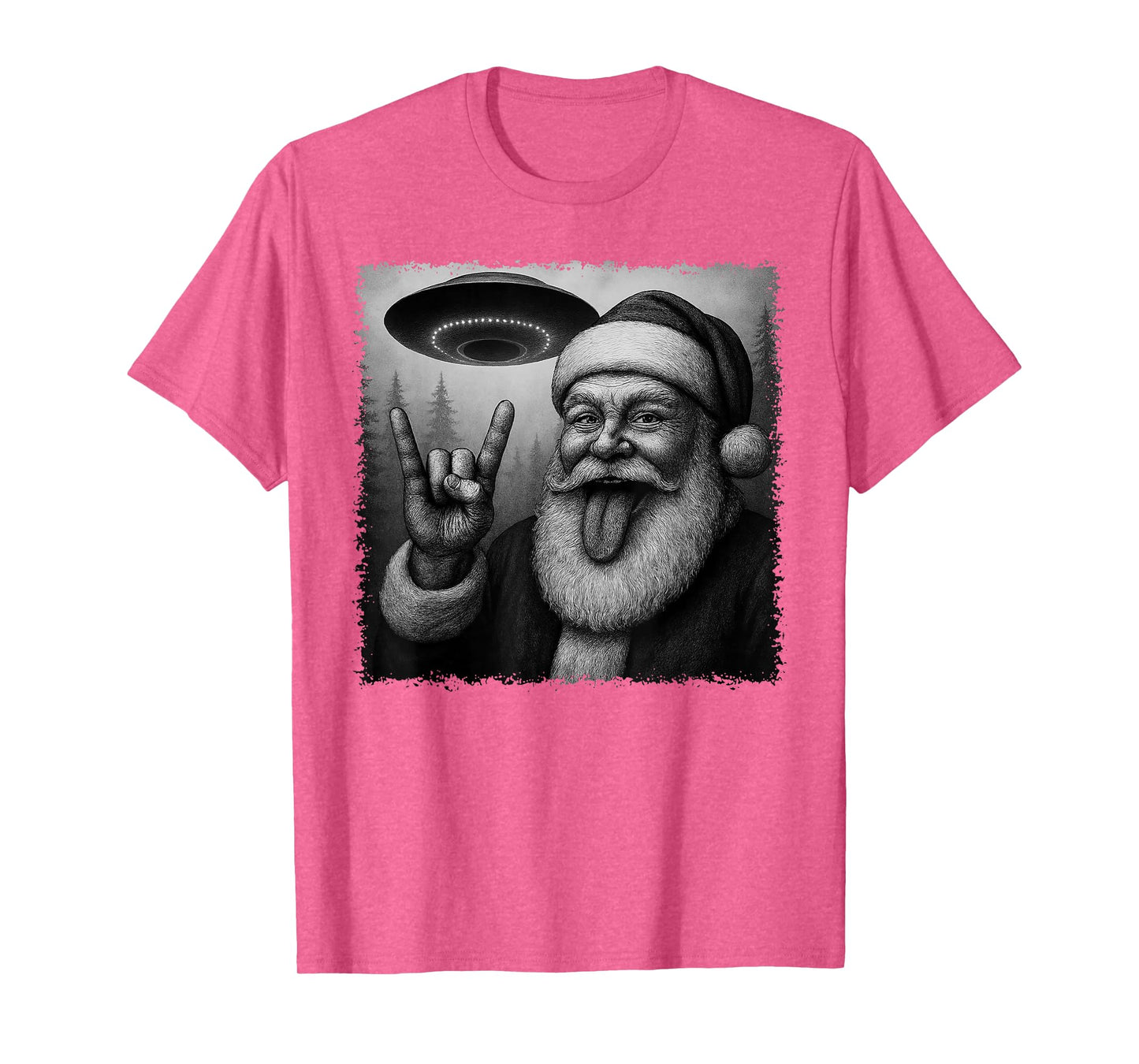 Retro Funny Christmas Santa Rock On Selfie with UFO Alien T-Shirt