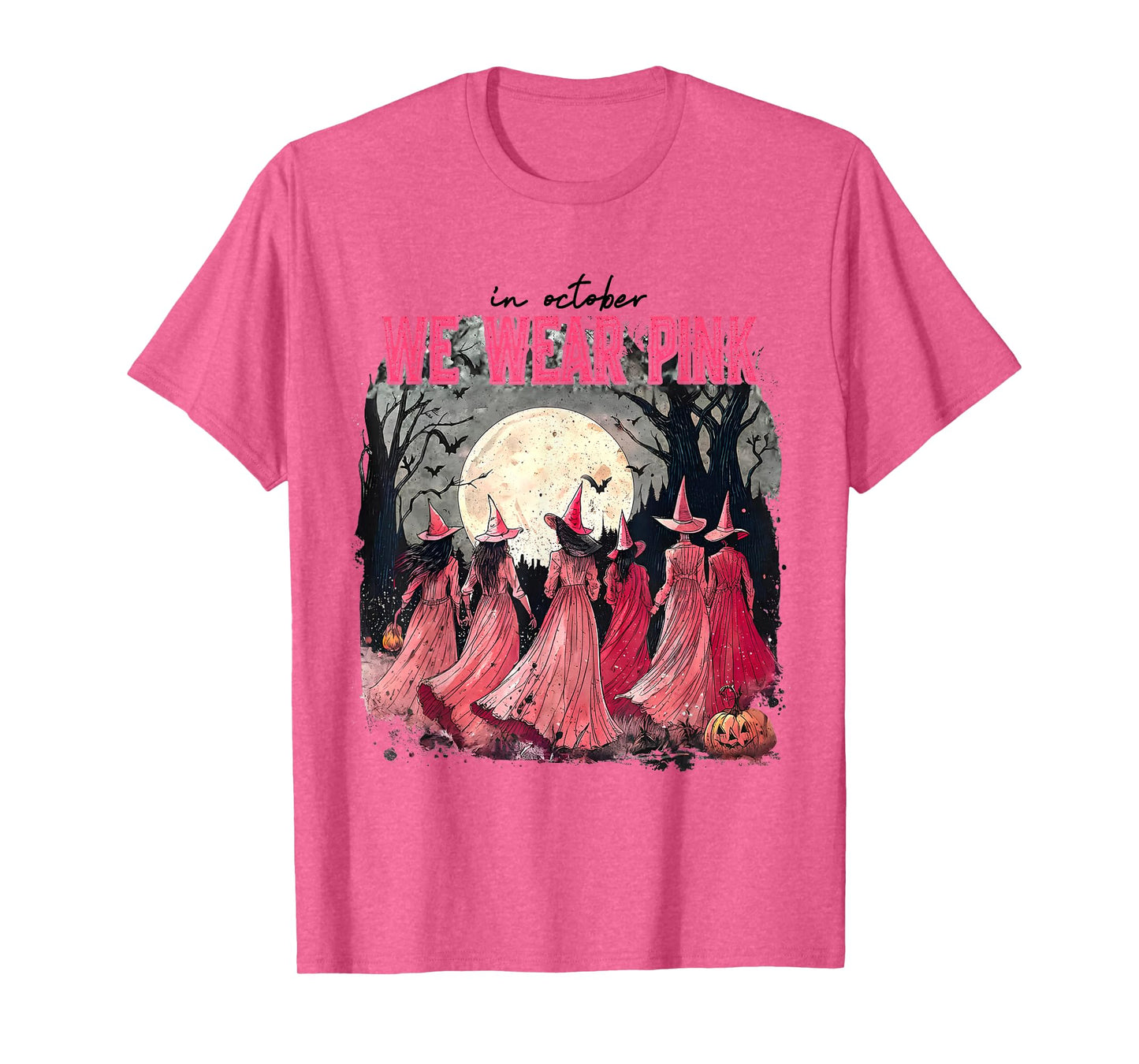 in October We Wear Pink Halloween Salem Witch Breast Cancer T-Shirt