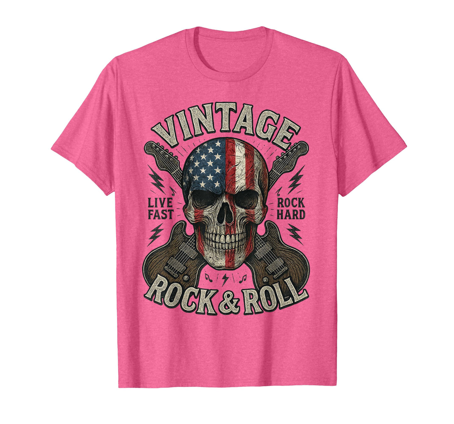 Vintage Rock Skull American Flag Guitar Retro Rock and Roll T-Shirt