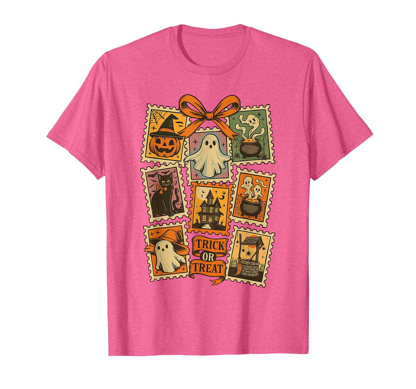 Halloween Stamp Spooky Ghost Boo Pumpkin Coquette Bow Retro T-Shirt