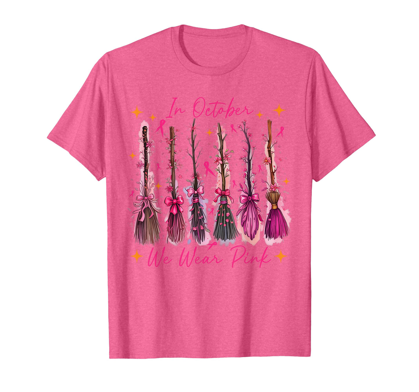 Breast Cancer Halloween in October We Wear Pink Witch Broom T-Shirt