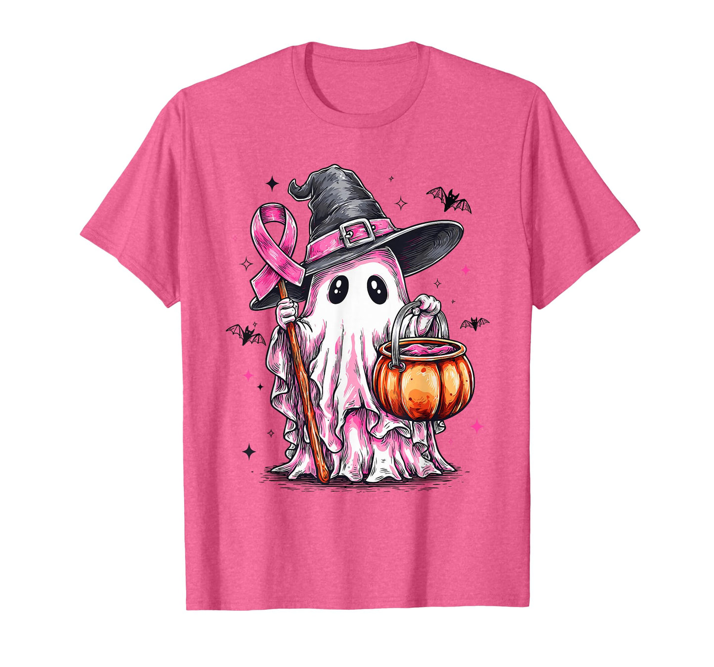 Retro Pink Ghost Witch Halloween Breast Cancer Awareness T-Shirt