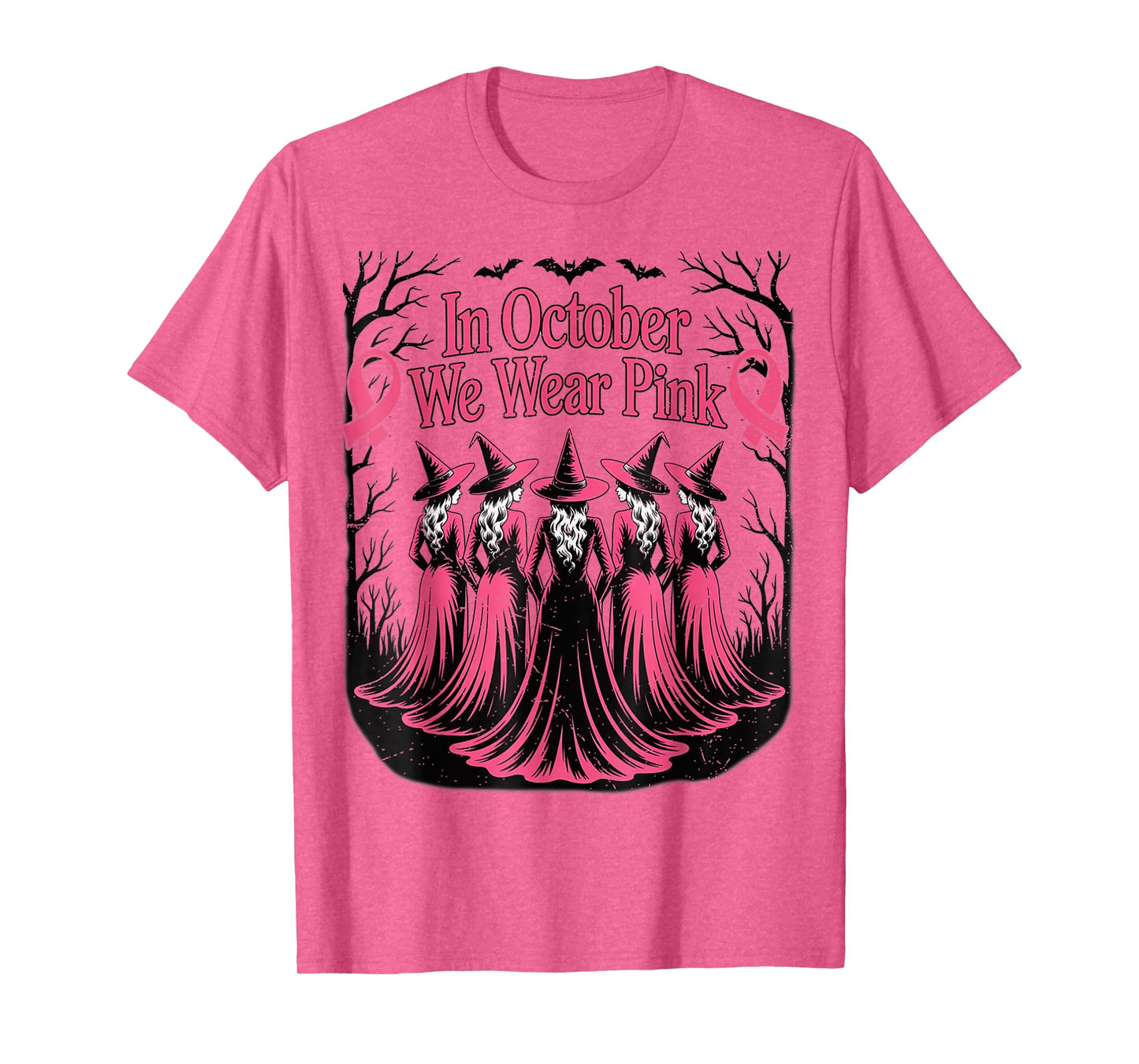 in October We Wear Pink Ghost Witch Breast Cancer Awareness T-Shirt