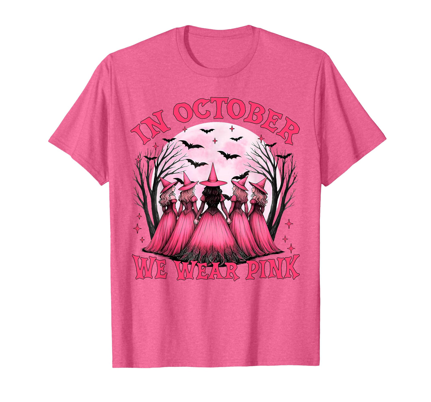 in October We Wear Pink Ribbon Breast Cancer Witch Halloween T-Shirt